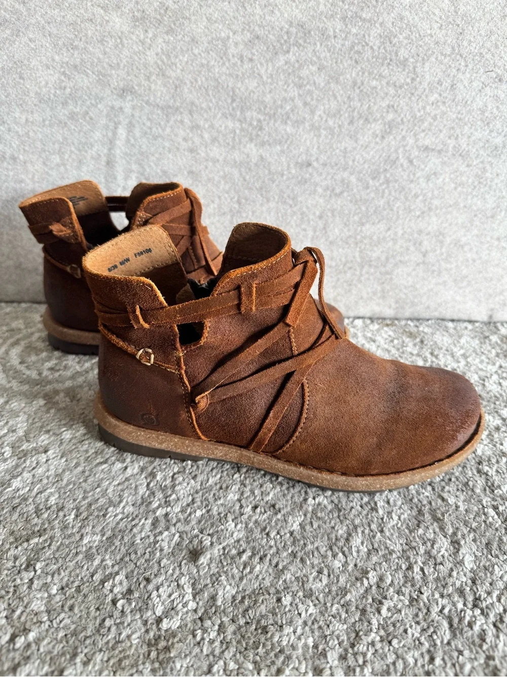 Born Tarkiln Brown Suede Leather Ankle Boots 8 Boho Strappy Side Zip